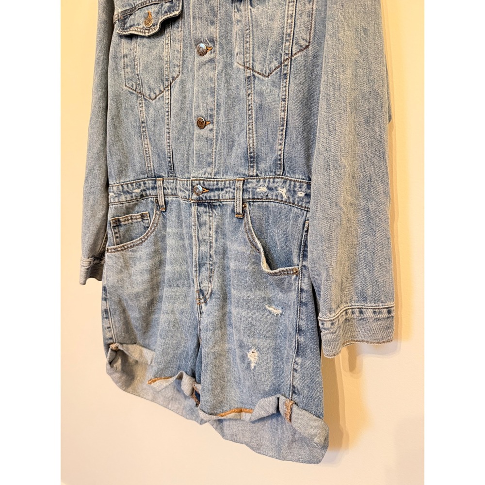 Pistola Denim Romper Medium Wash Blue Long Sleeve Distressed Utility Large - Picture 7 of 7